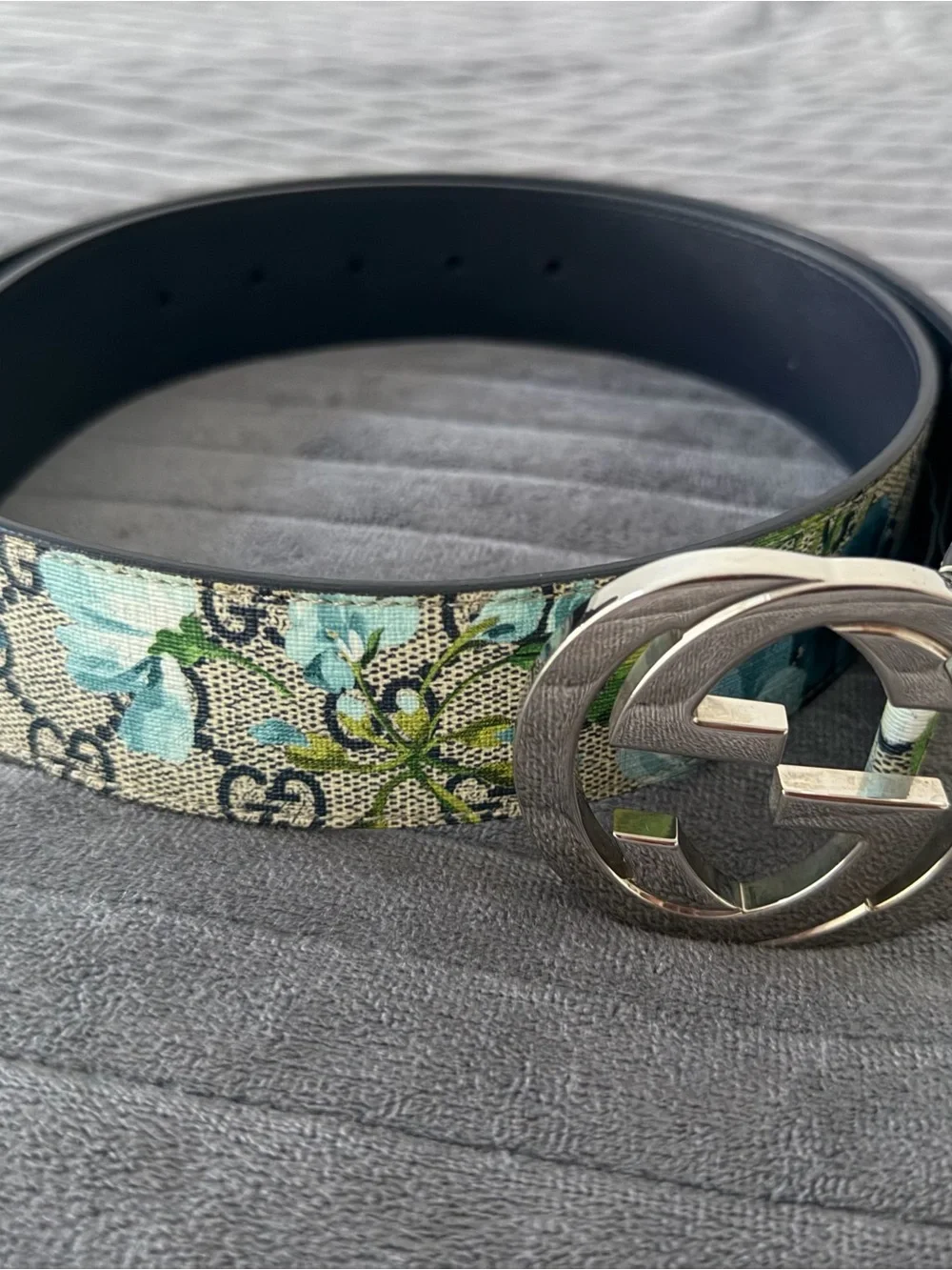 Gucci Floral Canvas Belt with Silver Interlocking G - Blue & Green